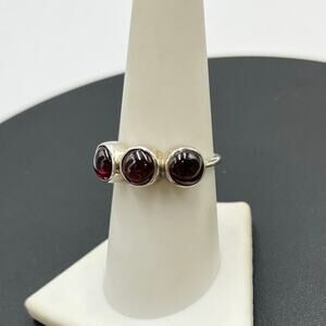 Sterling Silver Bezel Set Three Round Red Garnet Cabochon January Ring size 8.25